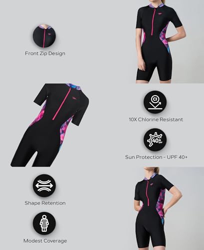 Image of Speedo Women's Endurance10 Essential Splice Print Closedback Kneesuit Swimming Costume Swimwear | Chlorine Resistant | Shape Retention Fabric | UPF 40+ Sun Protection | Removable Bra Pads