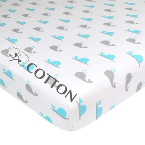 Image of American Baby Company 100% Natural Cotton Fitted Pack and Play Sheet 39 inch x 27 inch - Soft & Breathable Pack N Play Sheet for Playpen, Playard & Mini Crib Mattress, Aqua Whales, for Boys & Girls