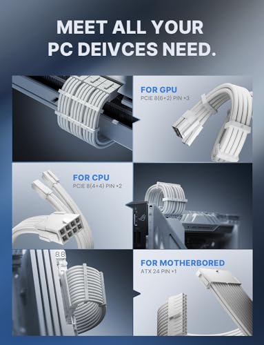 AsiaHorse Power Supply Sleeved Cable, 16 AWG PSU Extension Cable Kit of White Connector, 1x24Pin/2x4+4 EPS/3x6+2 PCI-E, 30cm Length with Combs-White