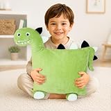 LUNAMIRA Kids Dino Plush Pillow Cute Bedroom Decor Throw Pillow & Movie-Night Buddy, Cuddle Sleeping Pillow, Soft Travel Pillow, Cotton Fill, Washable Cover, 16'x14' Birthday for Kids
