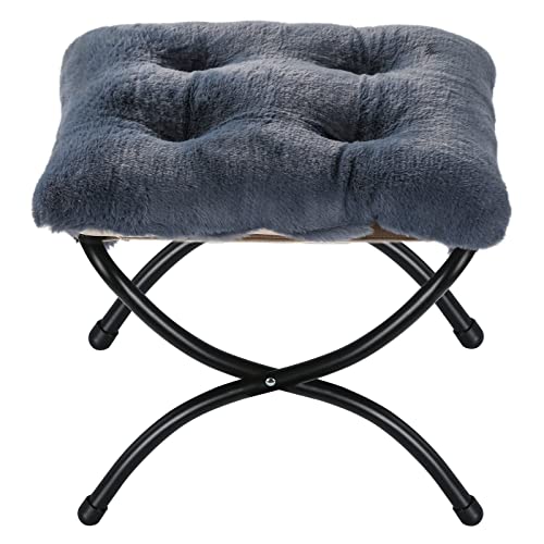 15" Faux Fur Upholstered Folding Foot Rest Stool with Metal Frame Navy by WELL-STRONG - Used condition - US$42.10