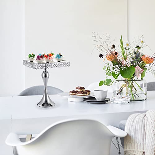 Bstkey 12" Square Wedding Metal Cake Display Stand With Mirror Top Plate, Silver Cupcake Stand With Crystal Beads Decor Pedestal, Dessert Stand For Parties Birthday Afternoon Tea Supplies Centerpiece #TOP6