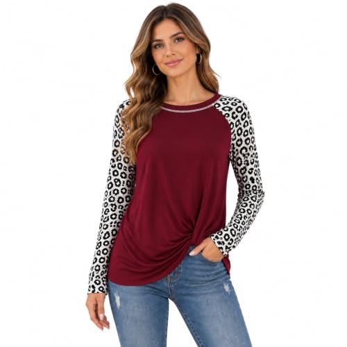 Image of es-uk Womens Leopard Print Long Sleeve Top Casual Colour Block Raglan T-Shirt Loose Fit Crew Neck Tunic Blouse (2001 -Red, XXL)