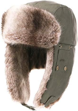 Mens Womens Waterproof Faux Fur Hunting Bomber Trapper Earflaps Winter Cap Ushanka Russian Hat Army Green 55-60cm