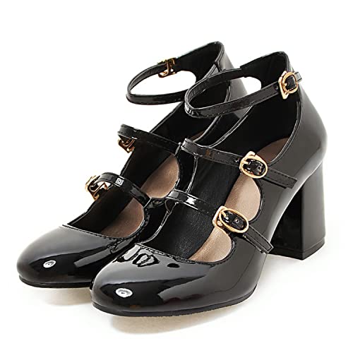 MOOMMO High Chunky Heel Mary Janes for Women Round Closed Toe Patent Leather Mary Jane Pumps Triple Ankle Strap Sexy 3” Block Heels Dress Shoes Sandals Sexy Party Wedding Cute 4-10 M US