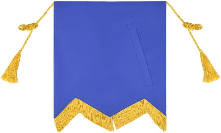 Bricks Masons All Seeing Eye Officer Style Apron Blue Cloth Fabric with Yellow Fringe, Tassels and Adjustable Waist Belt