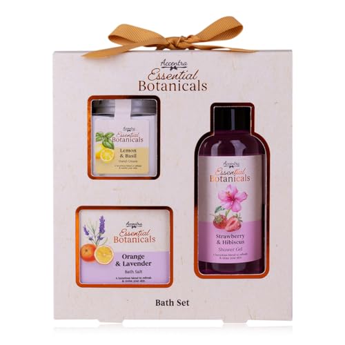 Set de baño Accentra ESSENTIAL BOTANICALS en caja de regalo, set de cuidado con gel de ducha de 100 ml, crema de manos de 55 ml y sales de baño de 50 g, set de regalo de bienestar para mujeres