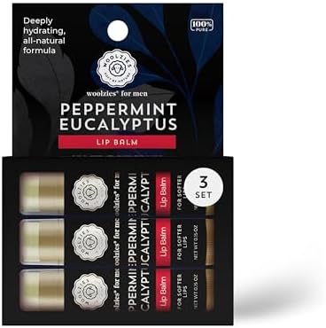 Woolzies Peppermint Essentials Lip Balm Set: All-Natural Shea Butter, Beeswax, Coconut Oil, Vitamin E Infused Lip Moisturizer Care (3 Pack, Men's)