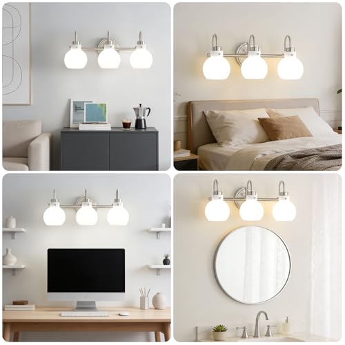 Image of Bathroom Light Fixtures Brushed Nickel 3 Light Vanity Light Wall Sconces with Milk Globe Glass Shades Bath Wall Lamp over Mirror Farmhouse Wall Mount Lights for Kitchen Living Room Bedroom Hallway