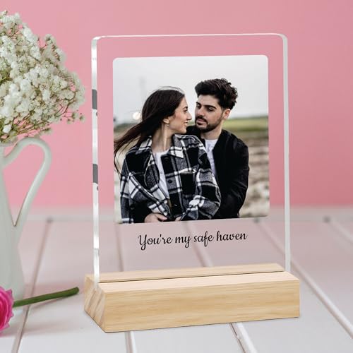 Image of Giftplease Customized Photo Frame with Wooden Stand | Transparent | Personalized Couple Picture Frame Gift for Girlfriend, Boyfriend, Husband, Wife |Anniversary, Wedding, Valentine s Day C 03