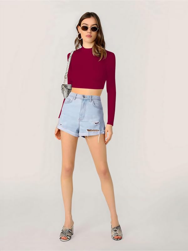 Dream Beauty Fashion Women's Round High Neck Full Sleeves Stylish Crop Top Polyester Blend Slim Fit Tshirt (Tally Maroon-L), Large - Image 3 thumbnail