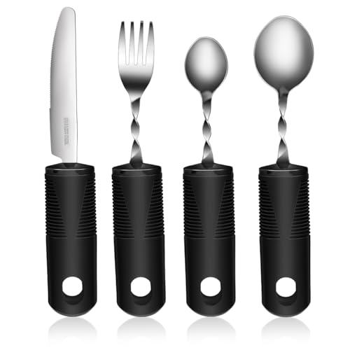 iplusmile - iplusmile Adaptive Utensils Set for Elderly with Non-Slip Rubber Handles Bendable Fork and Spoon Easy Wide Grip Silverware for Disabled and Tremor Support Stainless Steel Tableware