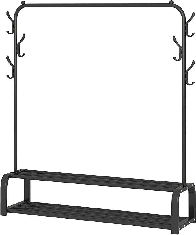 ACCSTORE Freestanding Metal Clothes Rack with Double Layer Storage Shelf and Side Hooks, Black