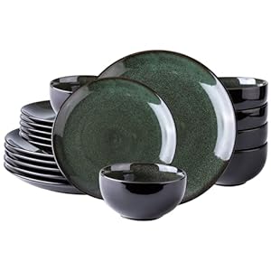 LeRatio Ceramic Dinnerware Sets for 6,Plates and Bowls Sets,Handmade Reactive Glaze Dishes Set,Chip Resistant and Scratch Resistant | Oven&Dishwasher & Microwave Safe,Service for 6-Green (18PCS)