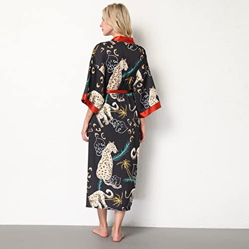 Belle Heure Women’s Satin Classic Long Kimono Silky Lounge Robe With Eyemask Short Sleeve Loungewear Nightgown Leopard Black #TOP4