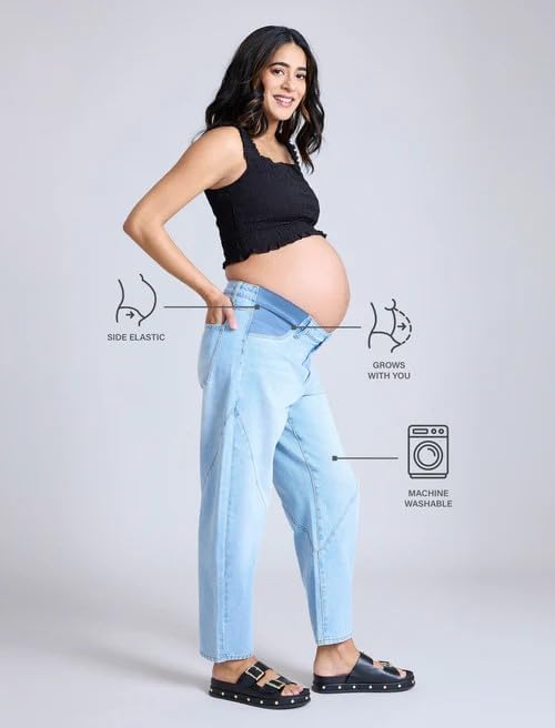 Motherhood Maternity Womens Under The Belly Elastic Waist Barrel Leg Denim Pregnancy Jeans - Image 6
