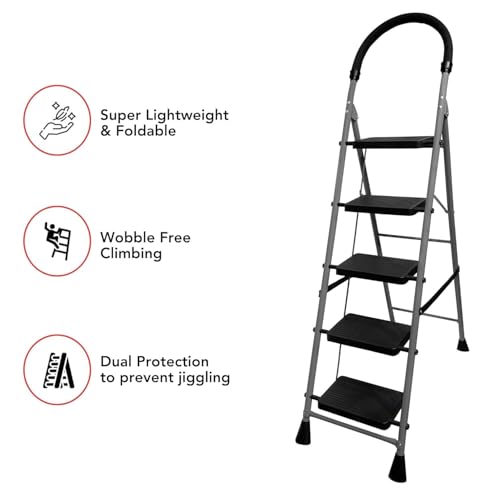 Image of FLIPZON 5 Step Folding Ladder for Home Use | Heavy Duty Steel Step Ladder with Anti-Skid Wide Steps & Soft Grip Handle | Strong, Safe & Durable Ladder for Kitchen, Cleaning & Office (Grey & Black)