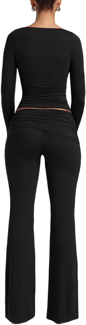 Lrady Womens 2 Piece Outfits Lounge Sets Lightweight Long Sleeve Crop Tops Fold Over Flare Pants Tracksuits