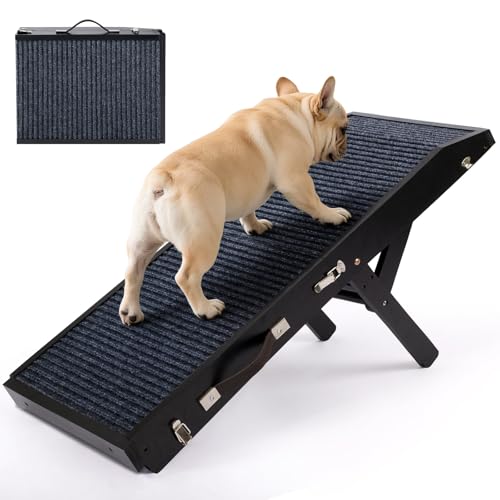 Wood Dog Ramp for Bed, 5-Level Adjustable Height (10' to 21') Pet Ramp with Non-Slip Surface for Couch, Bed and Car, Foldable Dog Stairs for Small, Medium to Large Dogs, Up to 200LBS