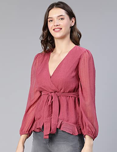 Image of oxolloxo Women Regular Fit Polyester Regular Sleeves Dobby Party Pink Top