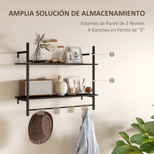 HOMCOM Estante de Pared de 2 Niveles Estante Flotante Repisas de Pared con 4 Ganchos 2 Estantes y Marco de Acero para Entrada Salón Dormitorio 80x24x65 cm Negro - imagen 4
