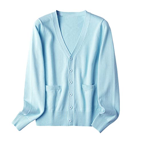 Gilet Femme, Cardigan Court Léger Décontracté Bleu Cardigan Ouvert À Boutons avec Poches Pull en Tricot À Manches Longues Manteau Bomber Jacket Vest Vêtements D'Extérieur pour Femmes,L