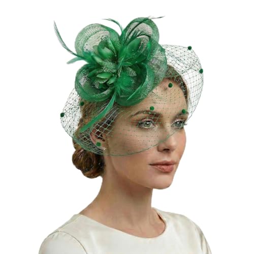 YANFALE Fascinators for Women Wedding Hair Accessories Fascinator Headband Clip with Feather Flower Mesh for Ladies Race Royal Ascot Cocktail Tea Party Headwear (Green)