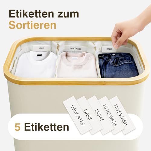 Wäschekorb mit Deckel 160L – Wäschekorb 3 Fächer, Großer Wäschesammler aus Stoff & Bambus, Faltbare Wäschebox & Schmutzwäschebehälter für Bad & Schlafzimmer, Beige