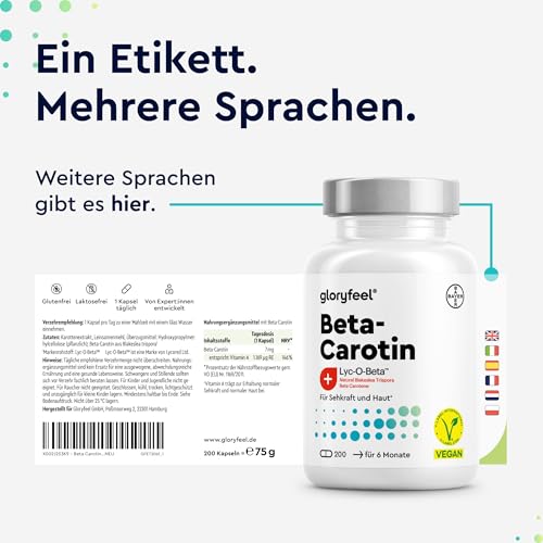 Beta-Carotin Bräunungskapseln 200 vegane Kapseln - Markenrohstoff Lyc-O-Beta® aus Blakeslea trispora - mit Karottenextrakt - Provitamin A für Sehkraft, Haut & Immunsystem* - in Deutschland entwickelt