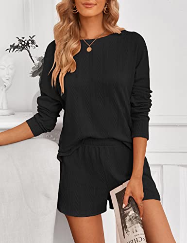 Merokeety Women's Casual Cable Knit Lounge Pajamas Sets Long Sleeve Tops And Shorts 2 Piece Outfits, Black, L #TOP1