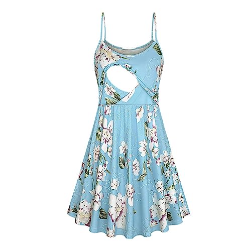 Vestido de Lactancia de Maternidad Mujeres sin Manga Casual Embarazadas Ropa Fruncida para Embarazadas Estampado Cuello en V Verano Vestido Corto premamá Algodón Vestido