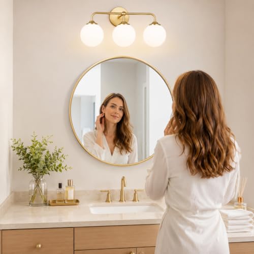 Image of Modern Brushed Gold 3-Lights Vanity Light Fixtures with Milky White Glass Ball Shades, Mid Century Brass Wall Sconce Lighting Fixtures over Mirror, Wall Sconces for Bathroom Dressing Table Bedroom