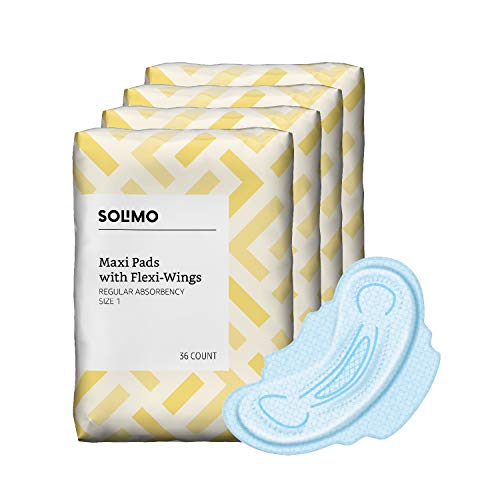 Amazon Brand - Solimo Thick Maxi Pads with Flexi-Wings for Periods, Regular Absorbency, Unscented, Size 1, 144 Count, 4 Packs of 36