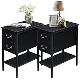 VECELO End Tables,Narrow Nightstand with Drawers and Storage Shelf,Modern Night Stand for Small Spaces, Living Room,Bedroom，Black