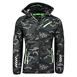GEO NORWAY ROYAUTE MEN - Chaqueta Softshell Impermeable Hombre - Capucha Transpirable Exterior - Chaqueta Cortavientos Invierno - Actividades Aire Libre (CAMO Negro / Verde - XL)