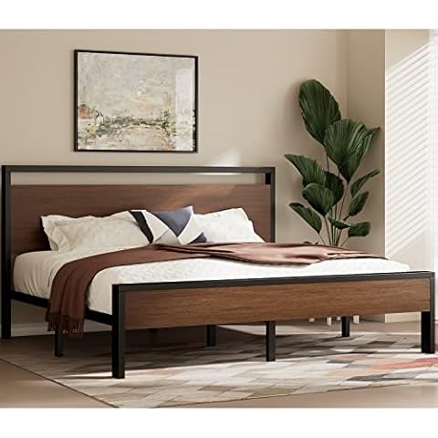 HOOMIC King Size Platform Bed Frame with Rustic Wooden Headboard and Footboard, Heavy Duty 12 Metal Slats Strong Support, Mattress Foundation for Storage, No Box Spring Needed, Walnut Cover