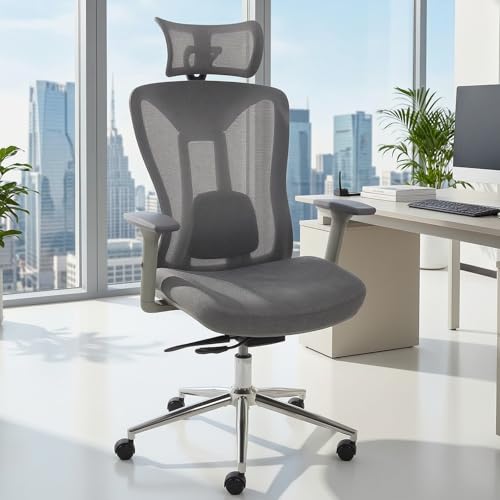 LuxErgo Ergonomic Office Chair, High Back Mesh Desk Chair with Adjustable Headrest Lumbar Support Seat Depth, 300 Lbs Big and Tall, 90-110° Tilt Lock Swivel Rolling Task Chair,Grey