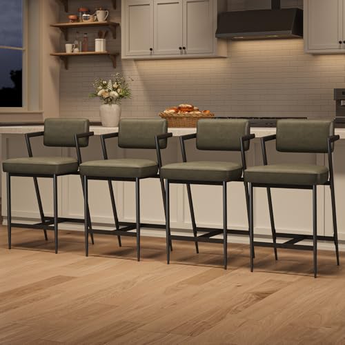 Butacos de bar GarveeHome, juego de 4 con reposabrazos, respaldo y reposapiés, asiento acolchado grueso y patas metálicas reforzadas, altura para barra, color verde retro miniatura 4