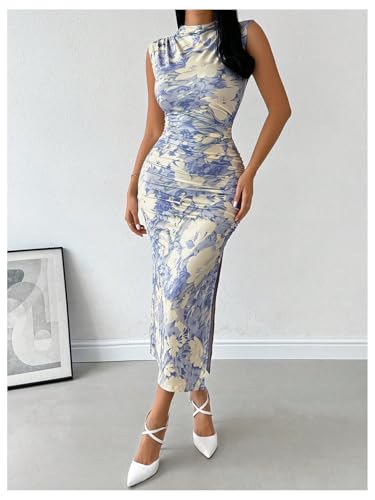 Image of BEAUDRM Women's Floral Print Midi Bodycon Dresses Split Thigh Ruched Mock Neck Fitted Tank Dress