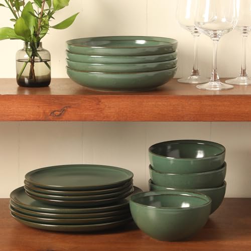 Image of Gibson Elite Beckett Stoneware Matte Reactive Glaze 16 Piece (Service for 4) Plates and Bowls Dinnerware Set - Green