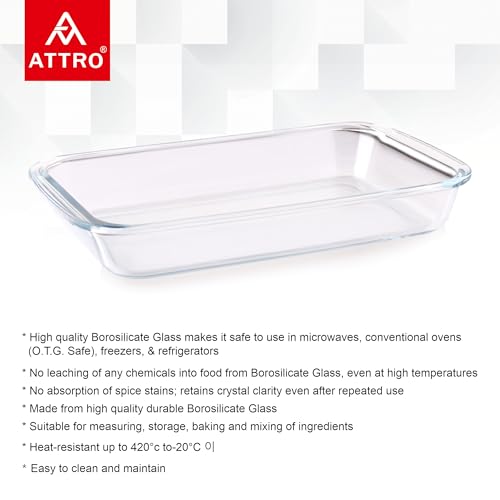 Image of ATTRO Glassox Borosilicate Rectangle Glass Baking Dish Micorwave Oven Safe Freezer Safe Baking Tray Serving Dish Bakeware- 2200ml