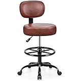Brick Attic Drafting Chair with Backrest – Adjustable Foot Rest Rolling Stool with Wheels, PU Leather Swivel Stool for Office Spa Studio Lab Counter Salon Home Work Bar Kitchen Shop(Ember Brown)
