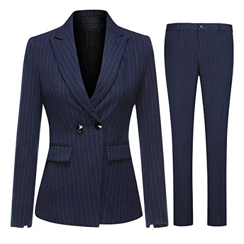 Women's 2 Piece Office Lady Stripes Business Suit Set Slim Fit Blazer Jacket Pant #TOP12