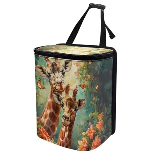 Image of Talayituse Giraffe Butterfly Flower Print Car Trash Can with Adjustable Straps, Foldable Car Trash Bag Bin Car Garbage Bag Multipurpose Storage Box for Vehicle Travel Camping Picnicing
