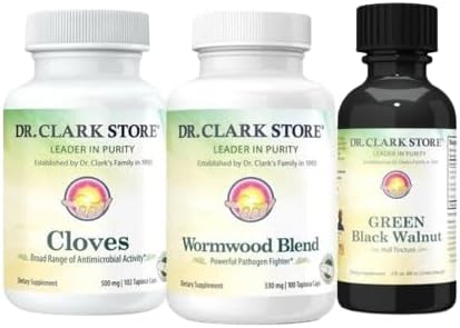 Dr Clark Store Intestine Support & Cleanse Kit - with Original Green Tincture from Black Walnut Hulls, Wormwood, and Cloves-Helps Maintain Optimum Intestinal Function - Vegetarian Capsules