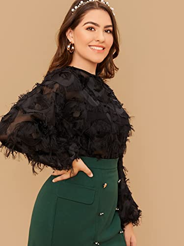 Wdirara Women's Plus Sheer Long Lantern Sleeve Boat Neck Elegant Party Fuzzy Blouse Top Black 4Xl #TOP2