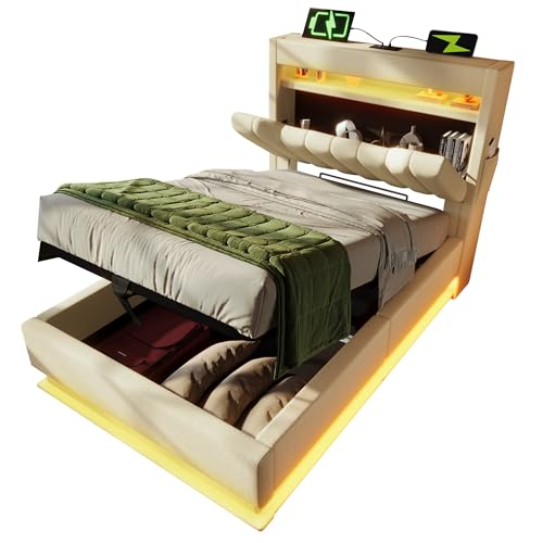 Cama Tapizada 90 x 200 cm con Cabecero de Almacenaje en Lino, USB y Type-C, Iluminación LED en Cabecero y Pie de Cama, Cama Individual con Somier y Baúl Hidráulico para Dormitorio, Beige, Con Colchón - imagen 9