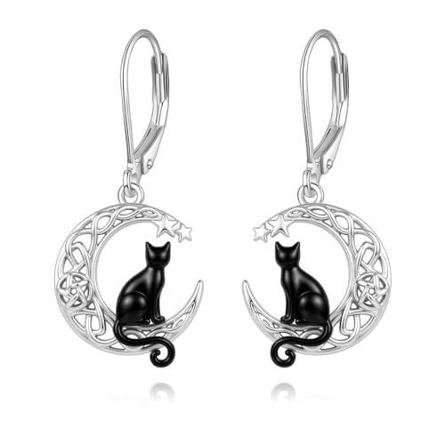 Boucles d'oreilles chat noir en argent 925 et croissant de lune