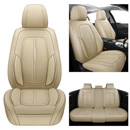 GEEMAYTEK Beige Car Seat Covers Full Set, Leather Seat Covers for Cars, Waterproof Front and Rear Seat Covers Car Seat Protector Cushions Universal Fit for Most Cars & SUV Trucks