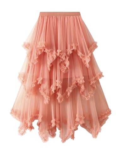 Women Tulle Irregular Elastic Waist Long Skirts High Waist Party Long Solid Maxi Skirt